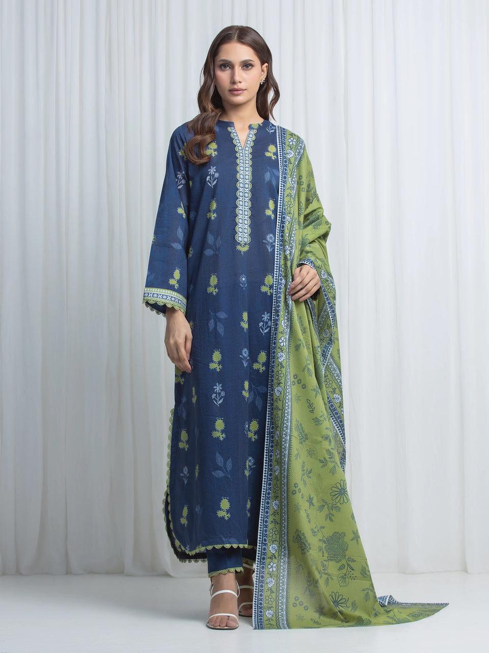 Edenrobe Allure Lawn 03 - Navy Lime three-piece unstitched printed lawn suit by Edenrobe