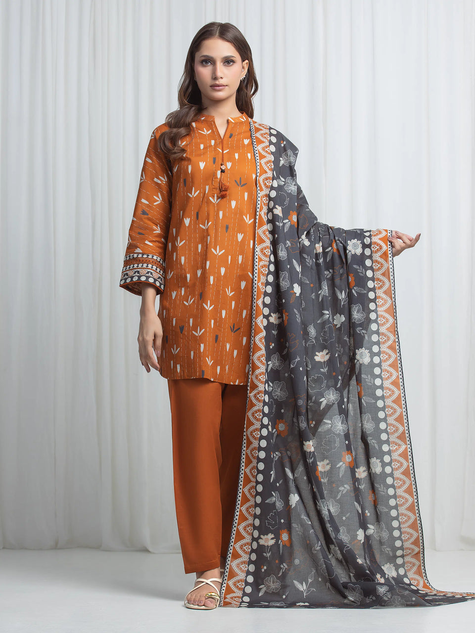 Edenrobe Allure Lawn 13 - Burnt Orange three-piece unstitched printed lawn suit by Edenrobe
