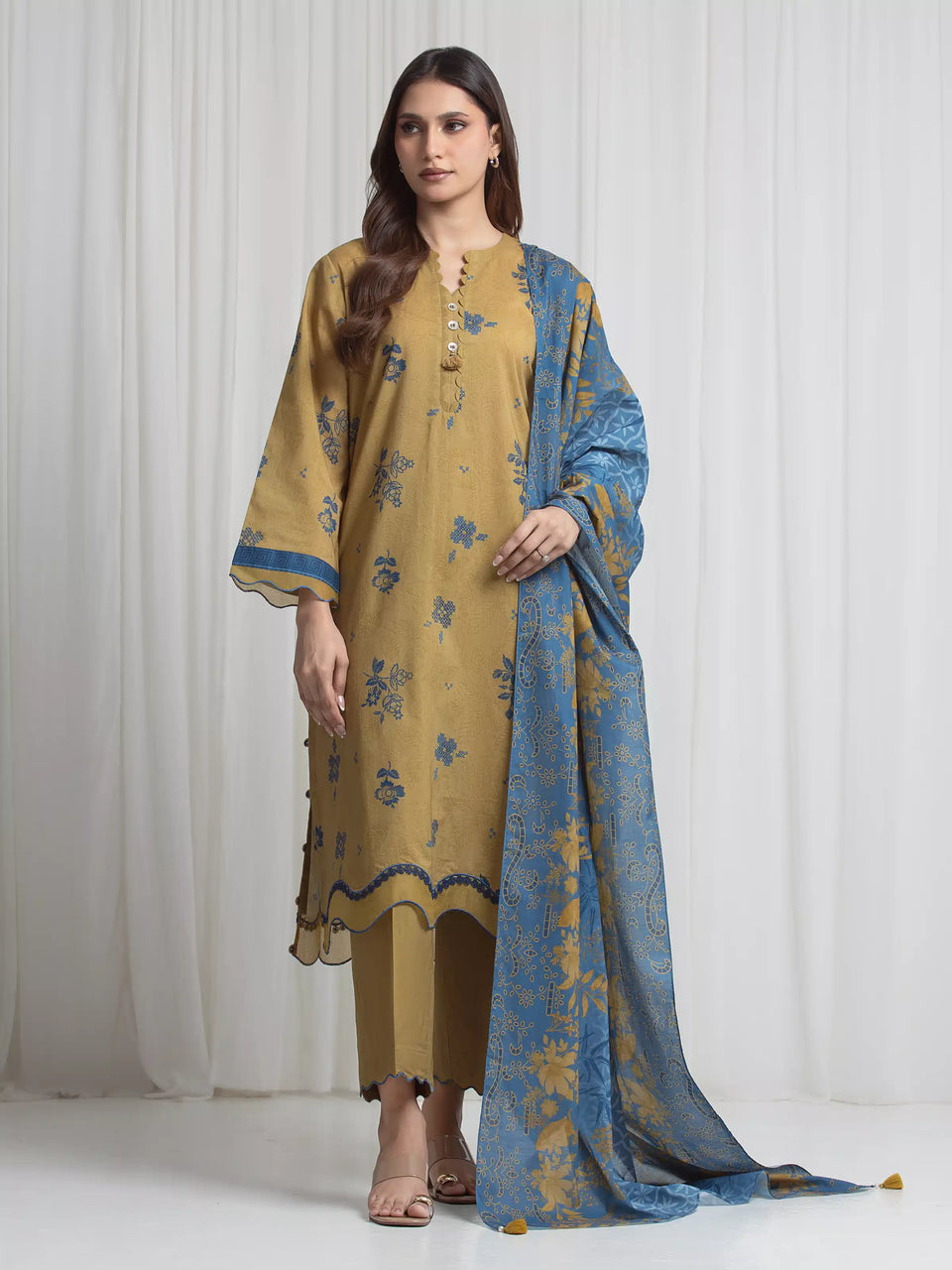 Edenrobe Allure Lawn 18 - Mustard Blue three-piece unstitched printed lawn suit by Edenrobe