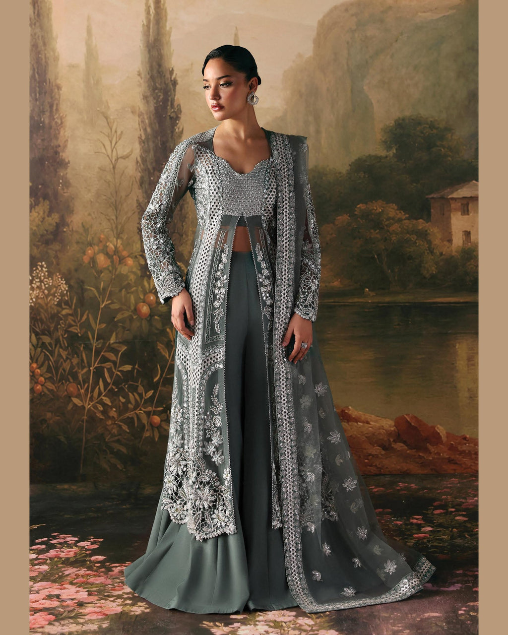La Fushia Crescent Silver Sage formal embroidered design - view 1