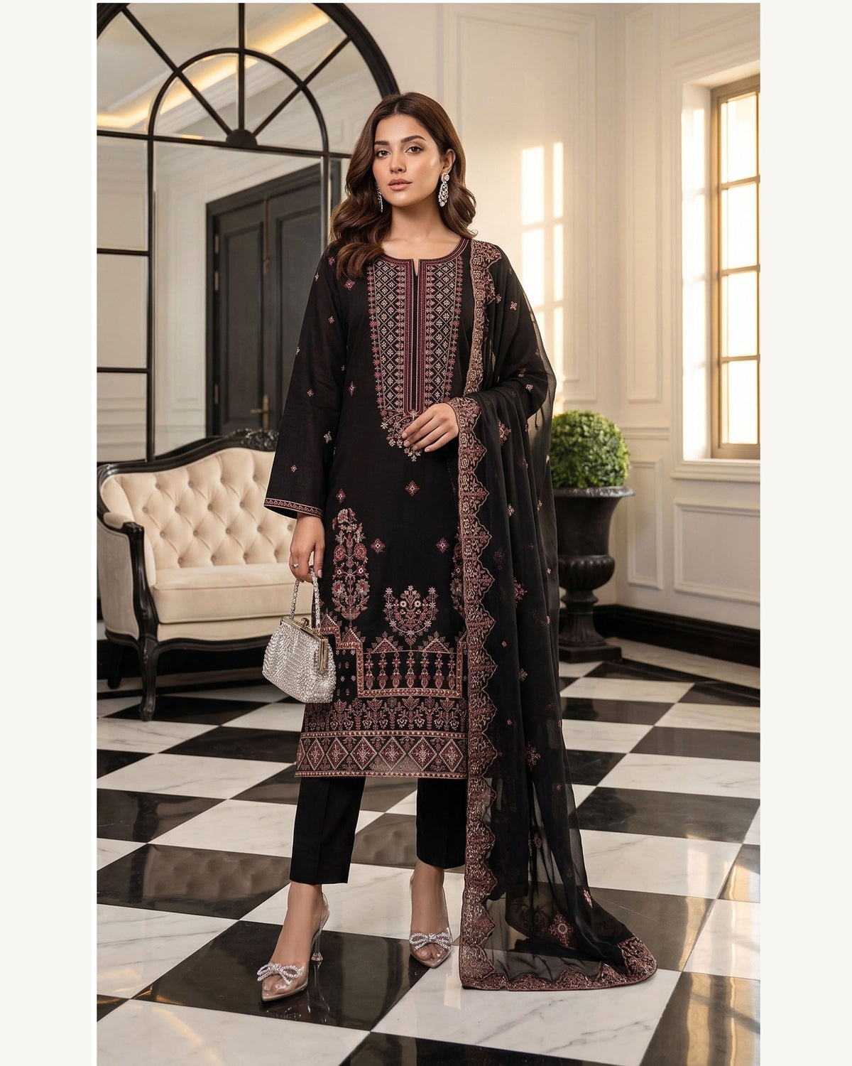 Rubab Black embroidered Karandi suit by AYLA ZAHRA