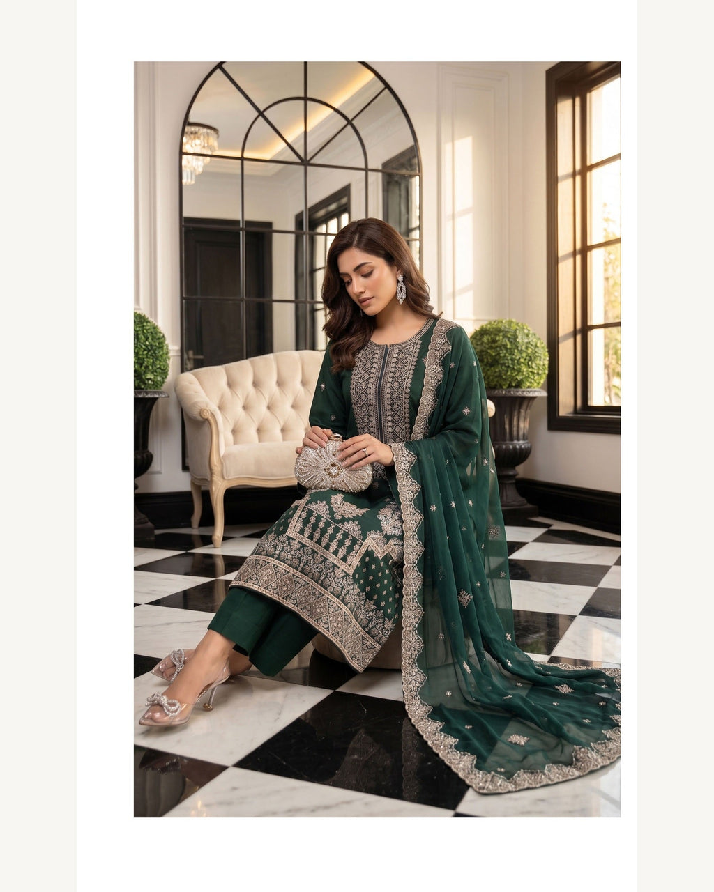 Rubab Emerald Green embroidered Karandi suit by AYLA ZAHRA