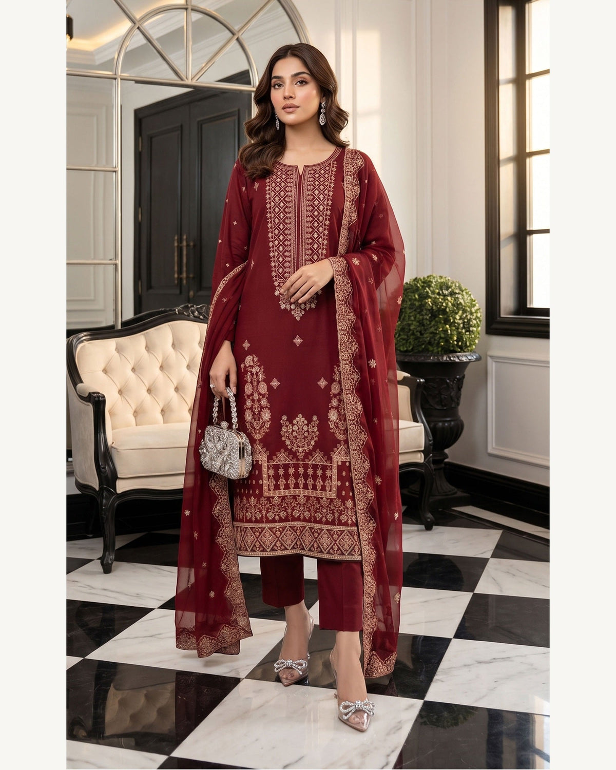 Rubab Maroon embroidered Karandi suit by AYLA ZAHRA