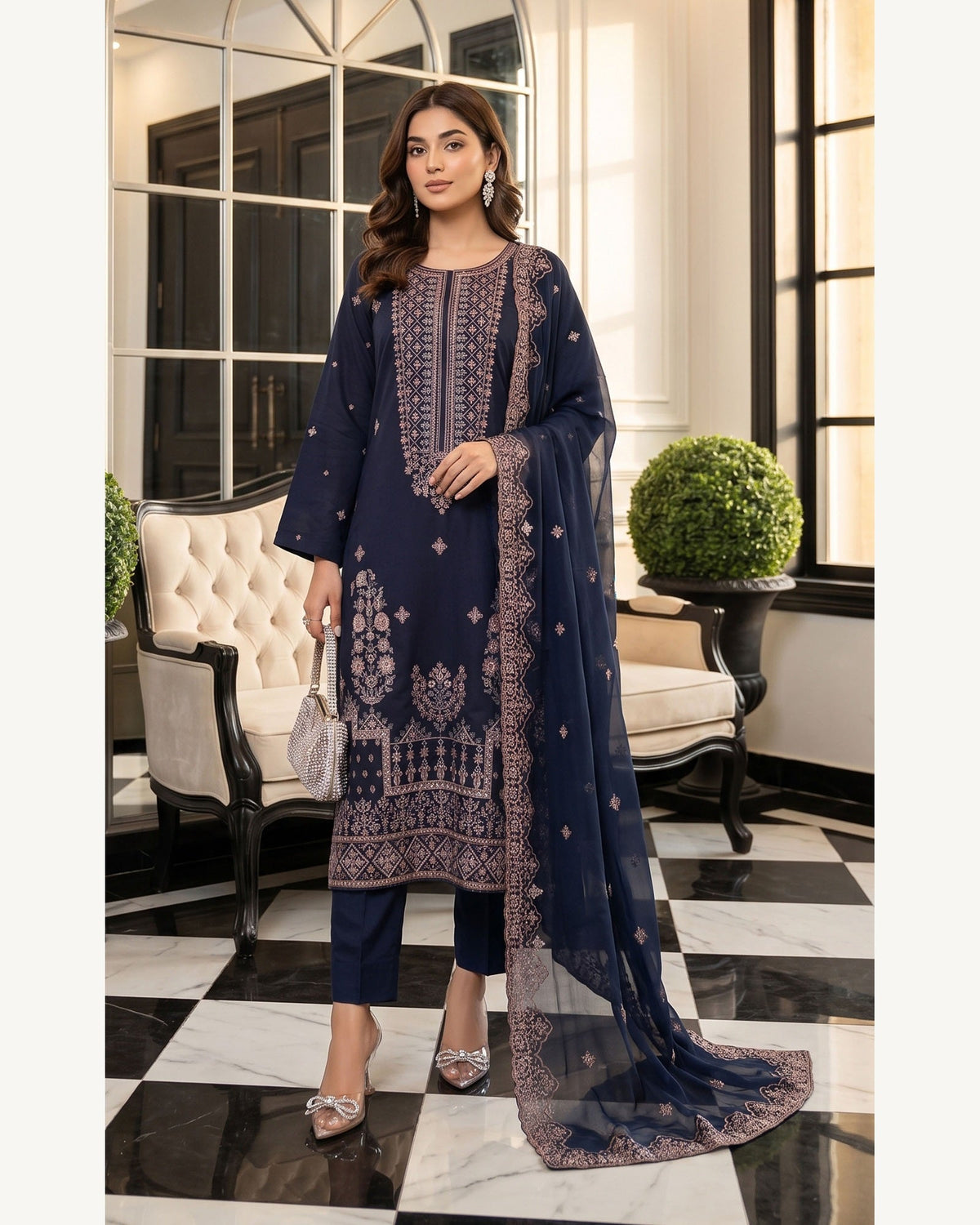 Rubab Navy embroidered Karandi suit by AYLA ZAHRA