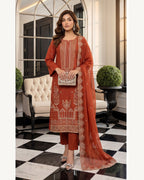 Rubab Rust embroidered Karandi suit by AYLA ZAHRA