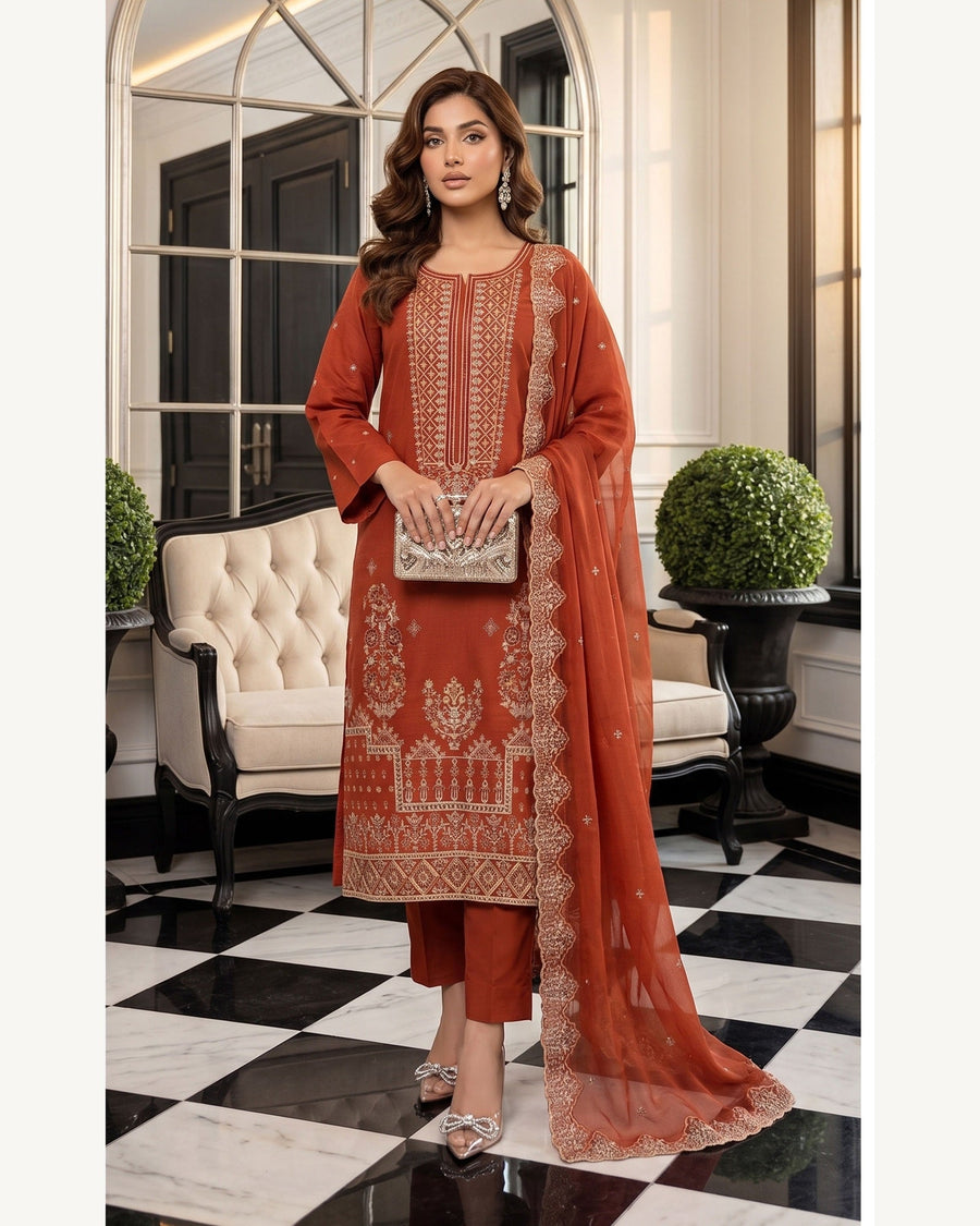 Rubab Rust embroidered Karandi suit by AYLA ZAHRA