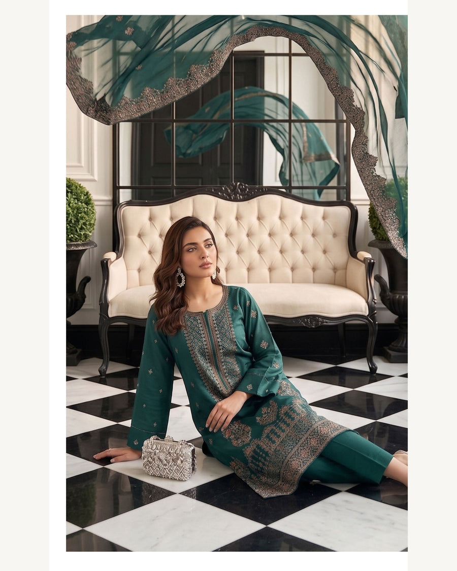 Rubab Teal embroidered Karandi suit by AYLA ZAHRA