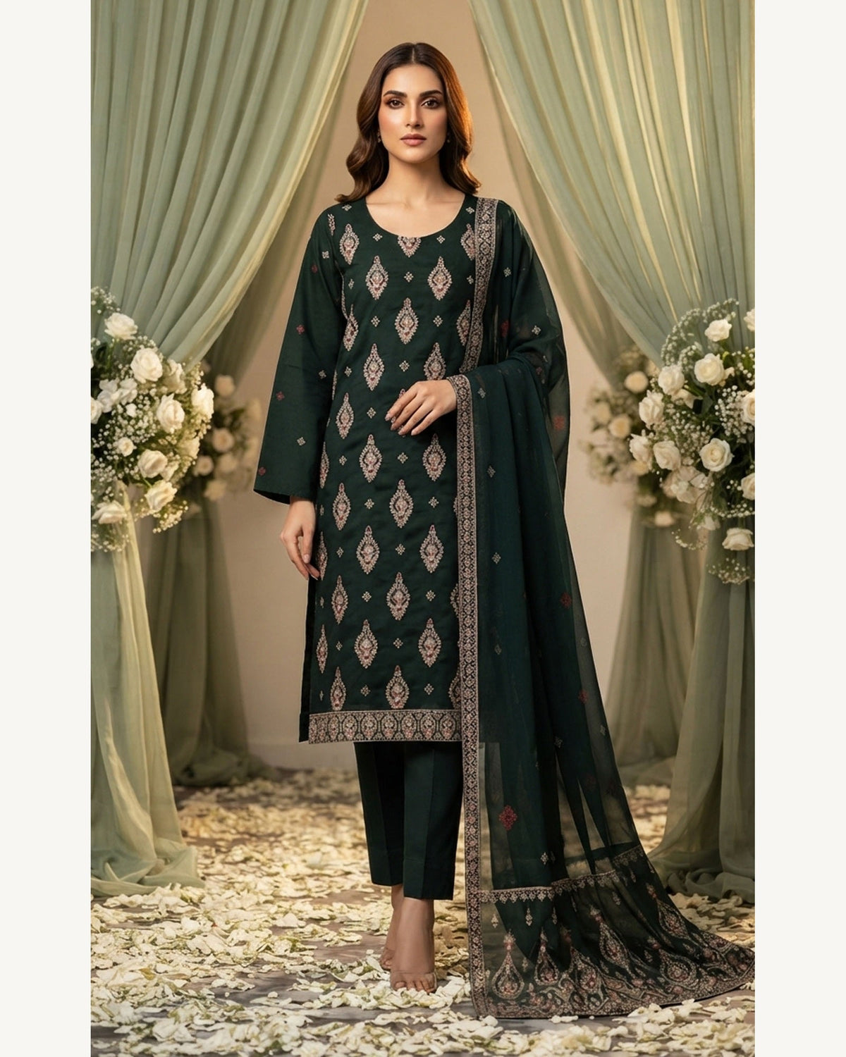Sanam Forest Green embroidered Karandi suit by AYLA ZAHRA
