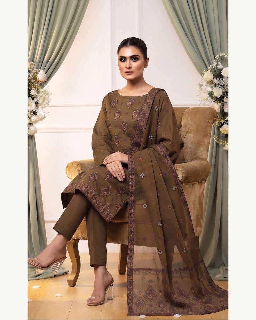 Sanam Mocha Brown embroidered Karandi suit by AYLA ZAHRA
