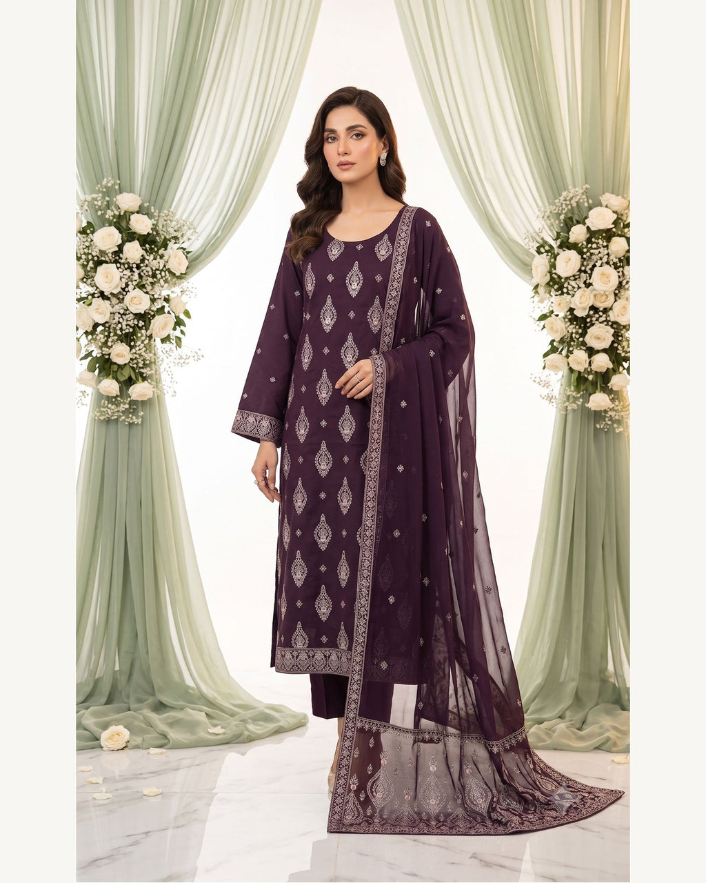 Sanam Plum embroidered Karandi suit by AYLA ZAHRA