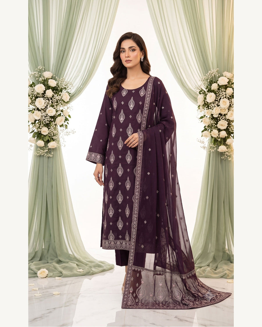 Sanam Plum embroidered Karandi suit by AYLA ZAHRA