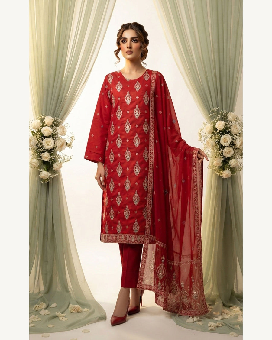 Sanam Red embroidered Karandi suit by AYLA ZAHRA