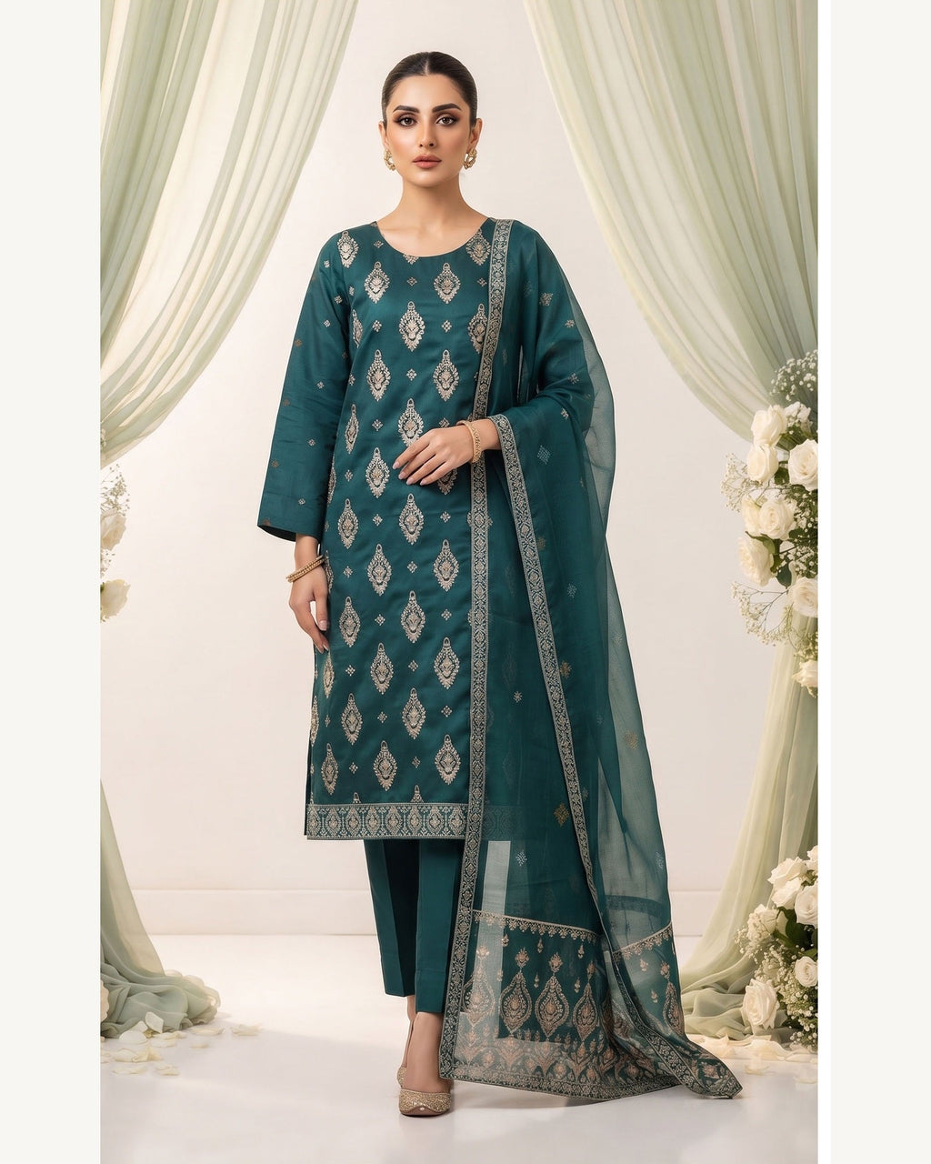 Sanam Teal embroidered Karandi suit by AYLA ZAHRA